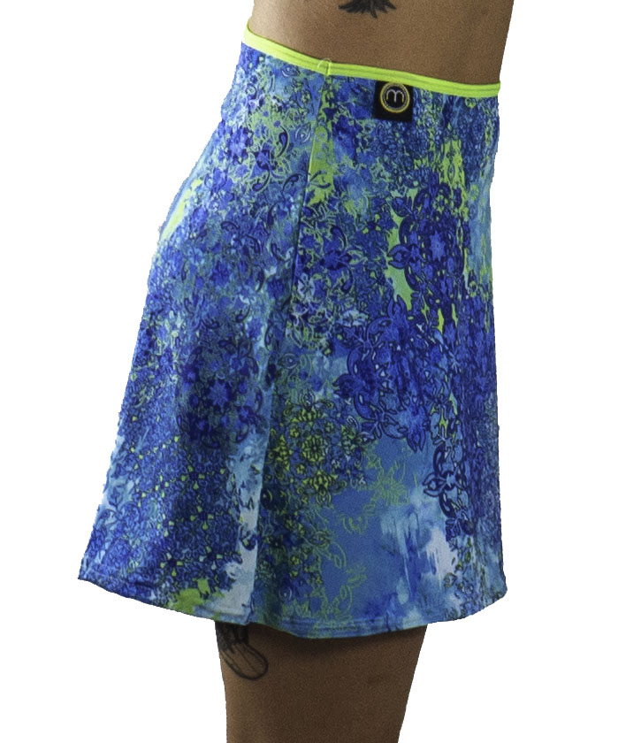 Sports Skirt- Bluebird with A-line cut and stretch waist in blue patterned fabric.